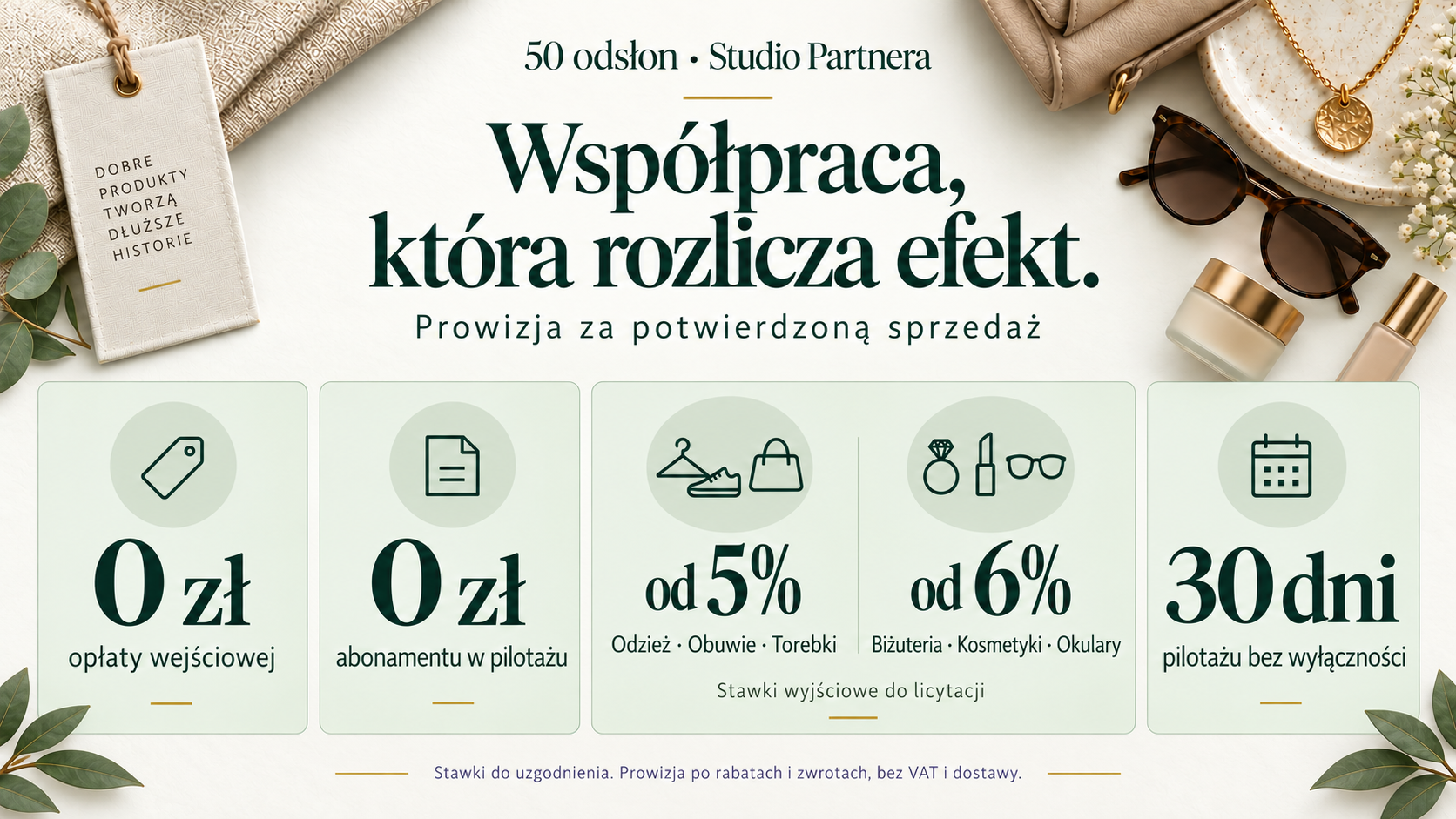 Współpraca, która rozlicza efekt. Prowizja za potwierdzoną sprzedaż. 0 zł opłaty wejściowej, 0 zł abonamentu w pilotażu. Stawki wyjściowe do licytacji: odzież, obuwie i torebki od 5%; biżuteria, kosmetyki i okulary od 6%. 30 dni pilotażu bez wyłączności. Stawki do uzgodnienia. Prowizja po rabatach i zwrotach, bez VAT i dostawy.